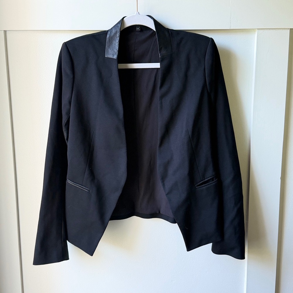Theory Lania Blazer Jacket Black  Leather Trim Open Front Minimalist 4